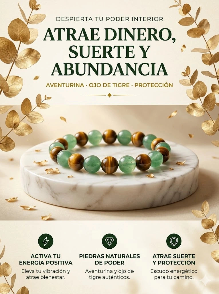 Pulsera de Atracción de Dinero con Aventurina Verde y Ojo de Tigre – Cristales Colorblock – Unisex