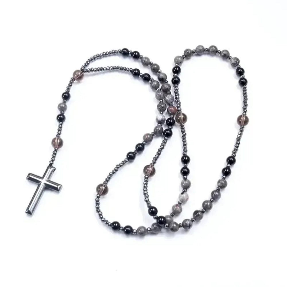 Collar de Rosario de Obsidiana Natural Yooperlita con Colgante de Cruz de Piedra de Hematita