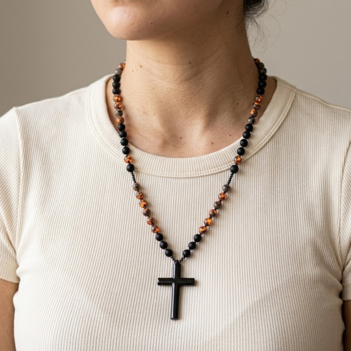 Collar de Rosario de Obsidiana Natural Yooperlita con Colgante de Cruz de Piedra de Hematita