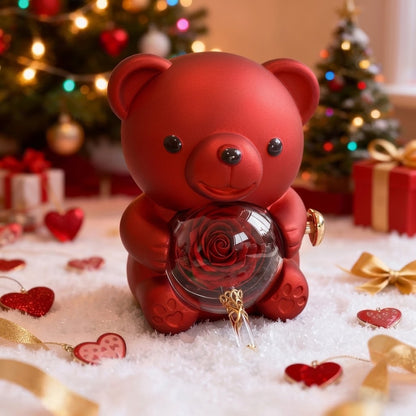 Oso Joyero con Rosa Eterna + Collar Doble Corazón — Set de Regalo para Mujer, Aniversario y Cumpleaños
