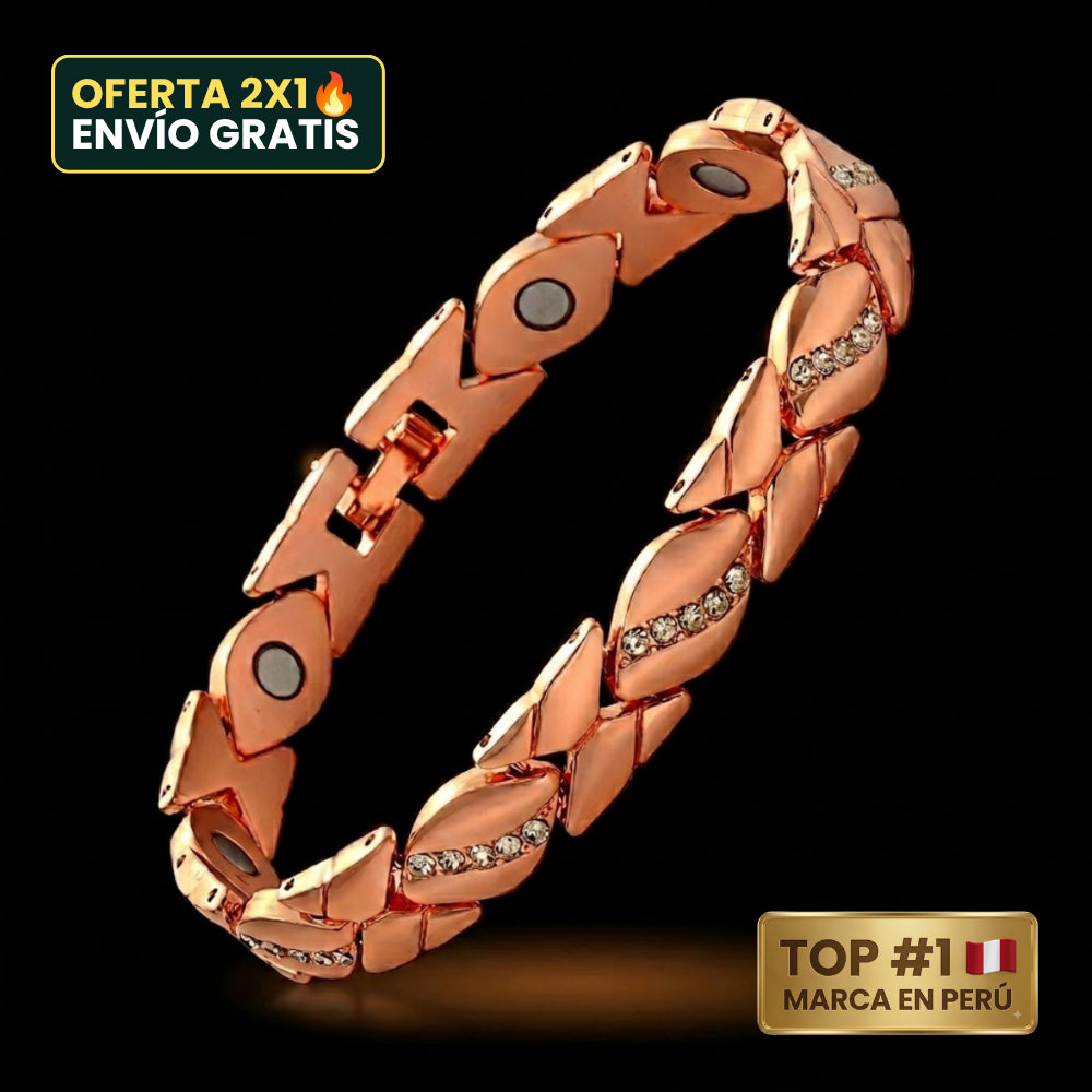 Pulsera Magnética DiamondLeaf™ de Cobre con Zircones y Imanes 3500 Gauss