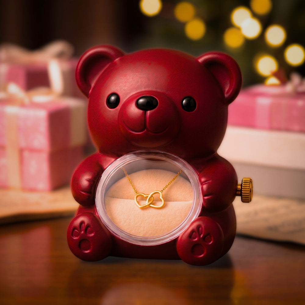 Oso Joyero con Rosa Eterna + Collar Doble Corazón — Set de Regalo para Mujer, Aniversario y Cumpleaños