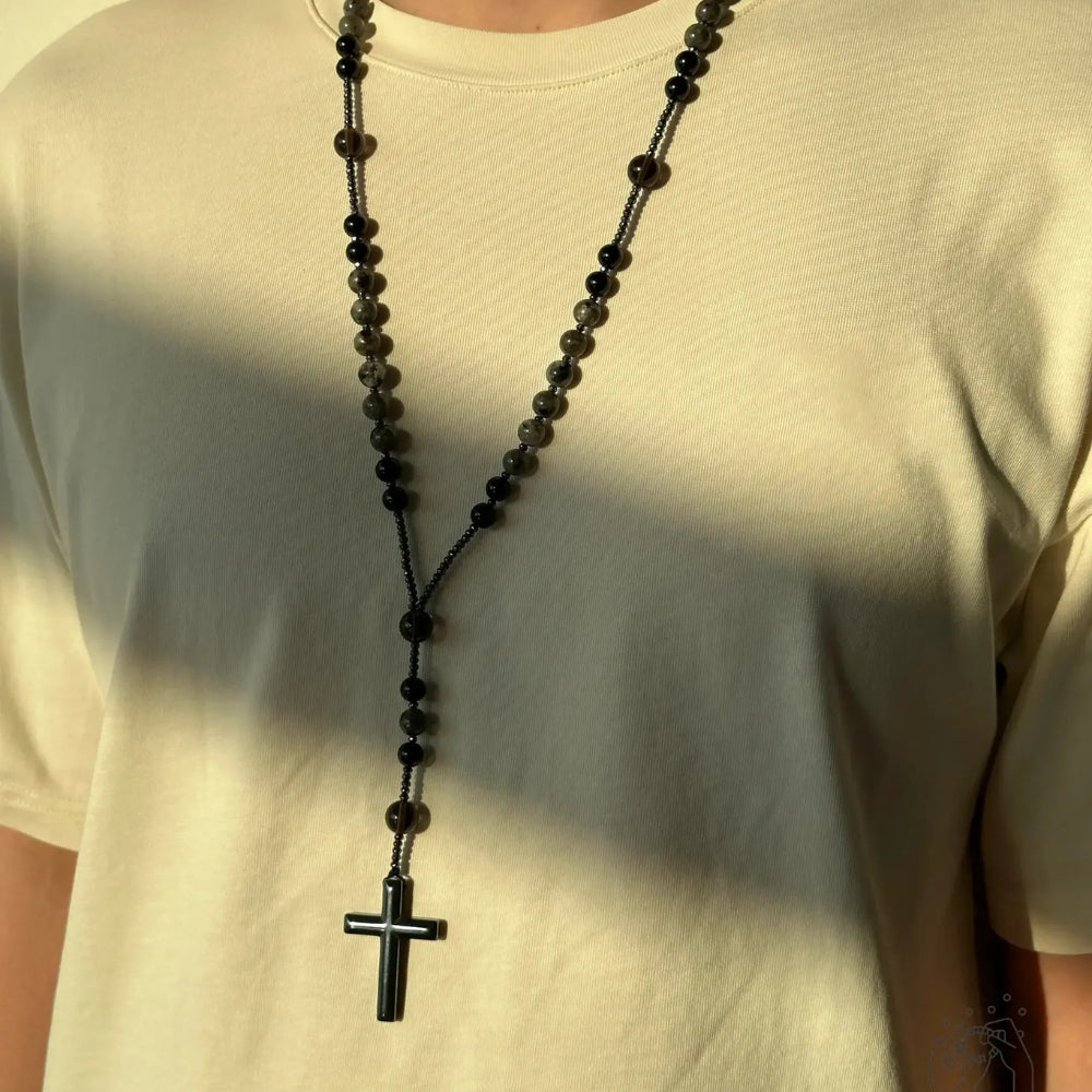 Collar de Rosario de Obsidiana Natural Yooperlita con Colgante de Cruz de Piedra de Hematita