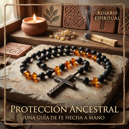 Collar de Rosario de Obsidiana Natural Yooperlita con Colgante de Cruz de Piedra de Hematita