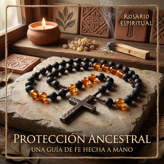 Collar de Rosario de Obsidiana Natural Yooperlita con Colgante de Cruz de Piedra de Hematita