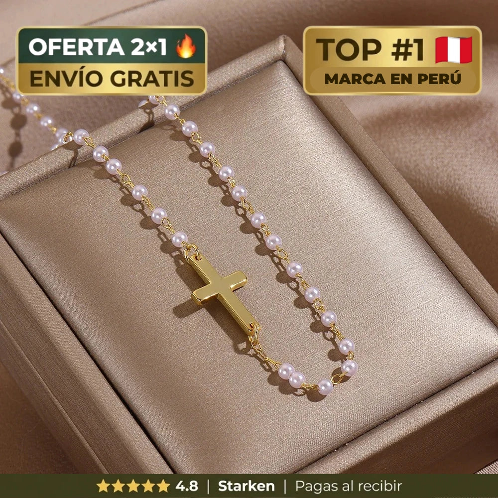 Collar Copper Pearl Cross | Cruz Dorada con Perlas — Fe, Luz y Esperanza