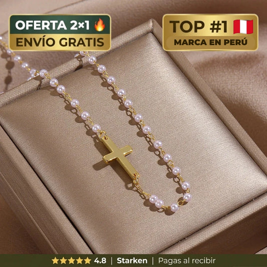 Collar Copper Pearl Cross | Cruz Dorada con Perlas — Fe, Luz y Esperanza