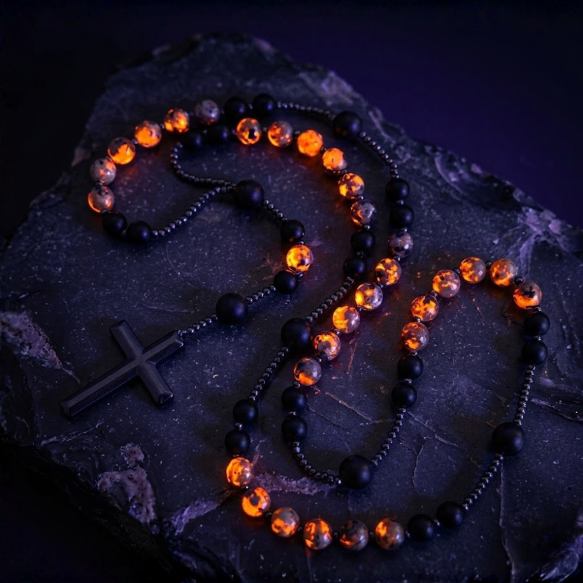 Collar de Rosario de Obsidiana Natural Yooperlita con Colgante de Cruz de Piedra de Hematita