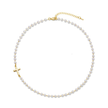 Collar Copper Pearl Cross | Cruz Dorada con Perlas — Fe, Luz y Esperanza