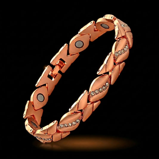 Pulsera Magnética DiamondLeaf™ de Cobre con Zircones y Imanes 3500 Gauss