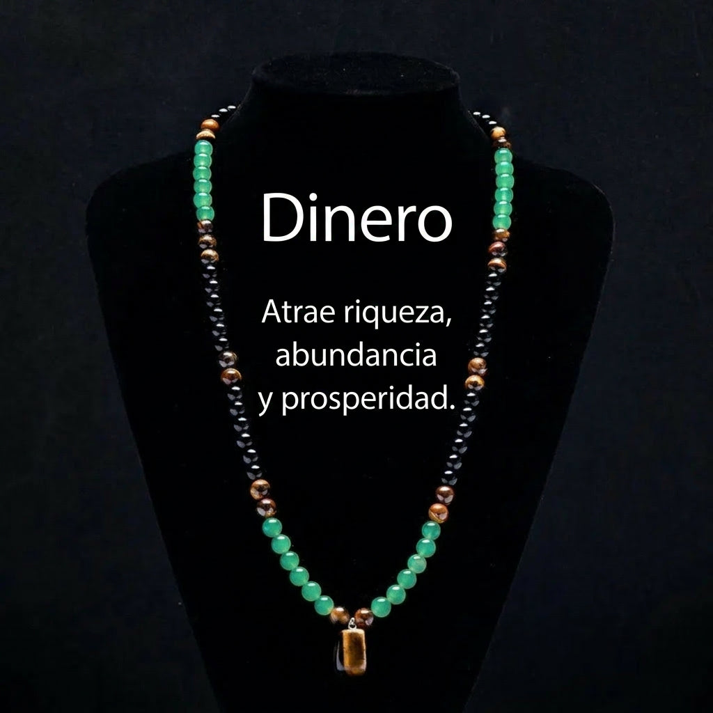 Collar Energético de Abundancia con Aventurina Verde y Ojo de Tigre – Cadena Larga Unisex